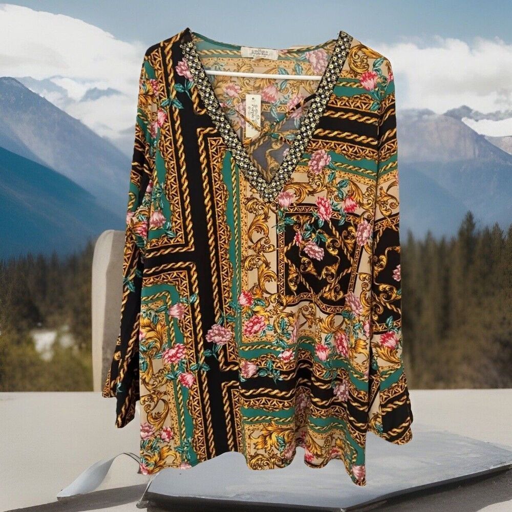 NWT Purple Rain bellsleeve Floral Print Sequin Beaded Neckline Boho Chic Tunic3X